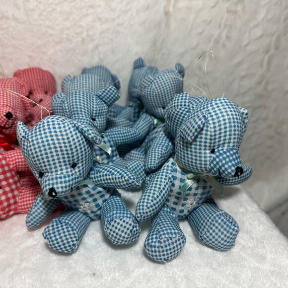 Set Of 24 Vintage Gingham Christmas Teddy Bear Ornaments Ribbon Bow & Embroidery - Picture 7 of 9